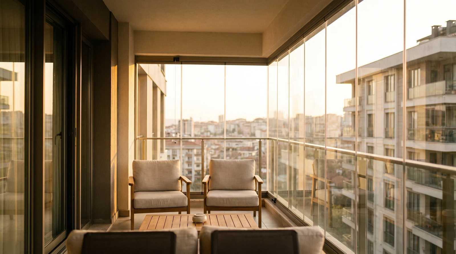 Isıcamlı cam balkon sistemiyle kapatılmış modern balkon, akşam ışığı