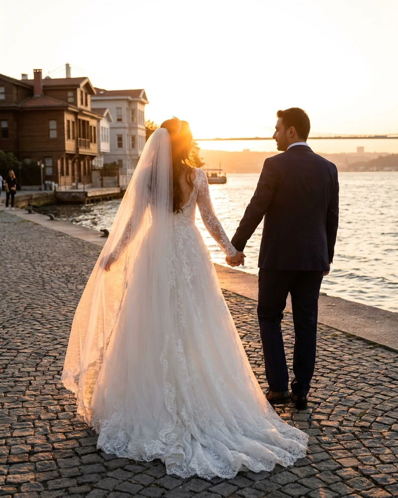 Dış çekim — Boğaz kıyısında altın saat ışığında çift