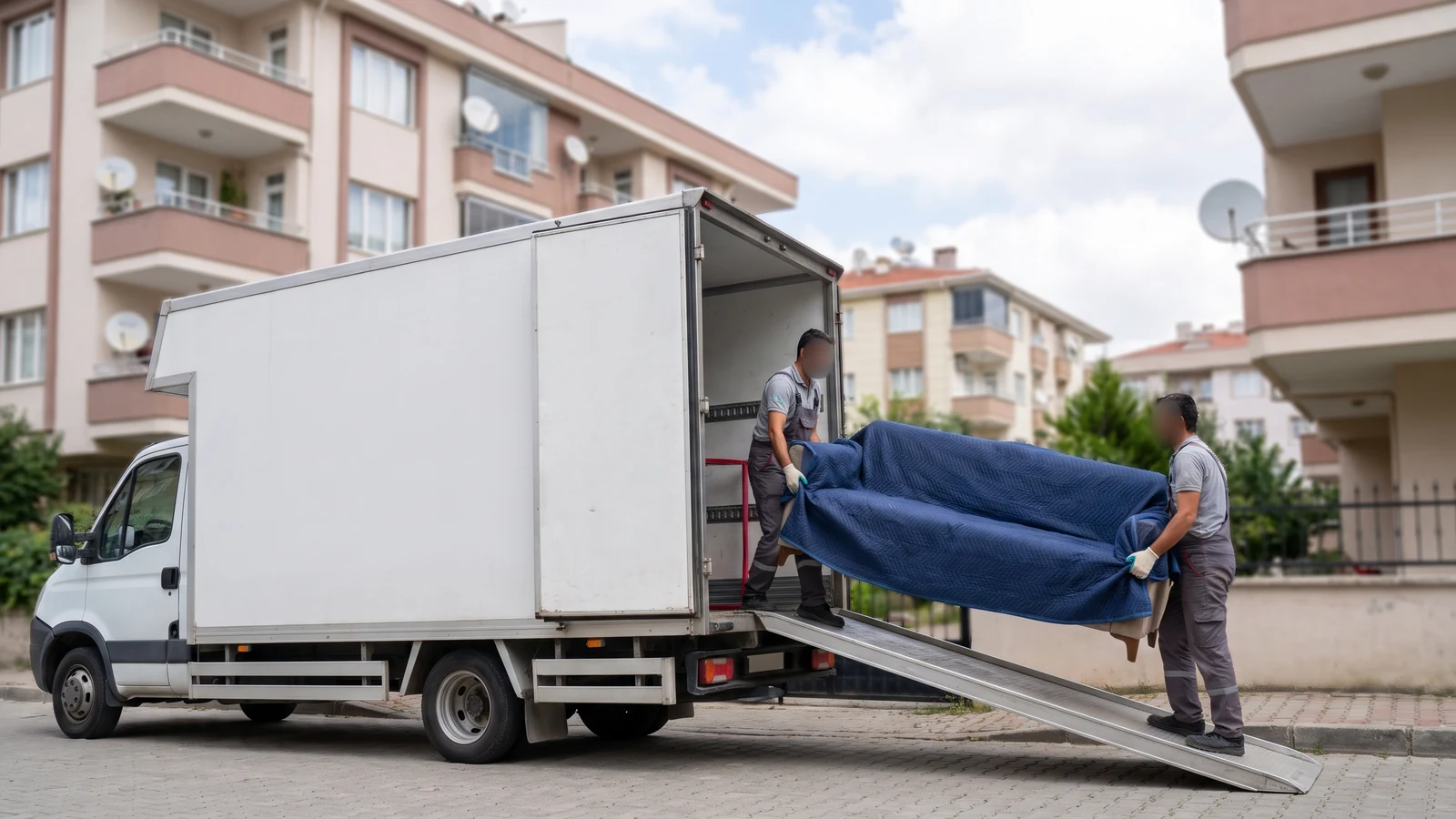 Apartman girişinde markasız nakliyat kamyonu ve taşıma ekibi
